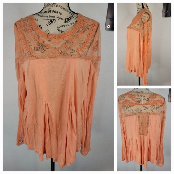 Free People Sz L Jojo Havana Top Long Sleeve Lace Pleats - Picture 10 of 11